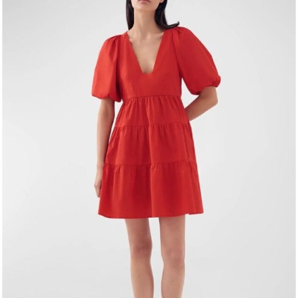 BIRD & KNOLL Gigi Puff-Sleeve Tiered Poplin Mini Dress Red Size S